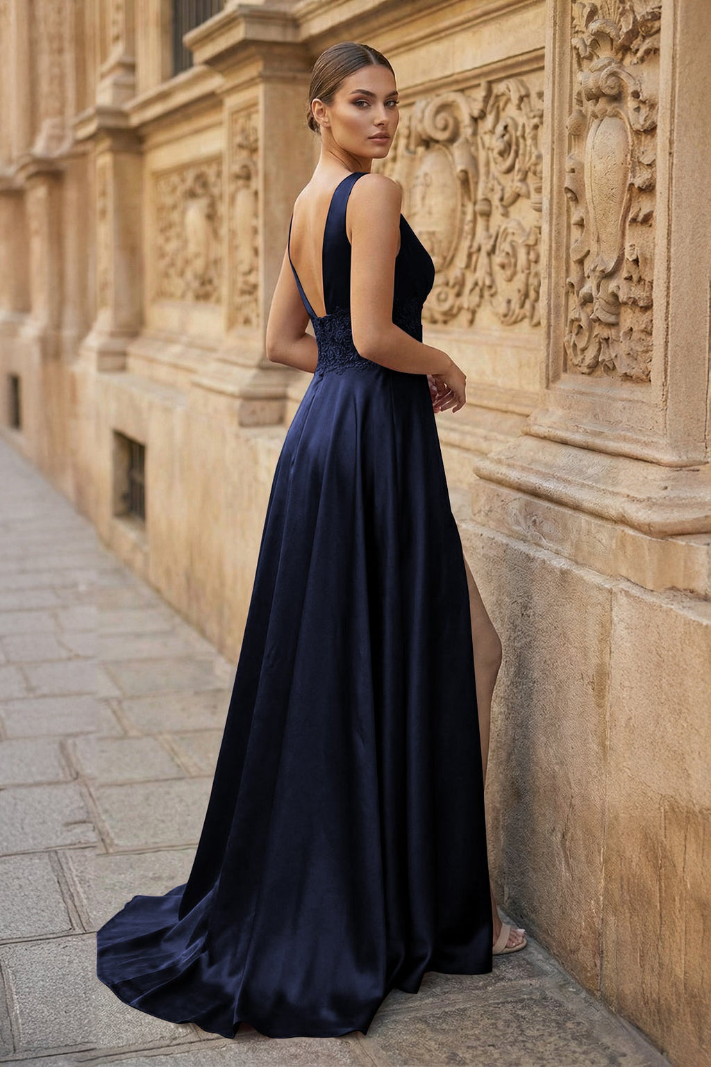 Burgundy V Neck Lace Long Wedding Guest Dress with High Slit - Curvevia