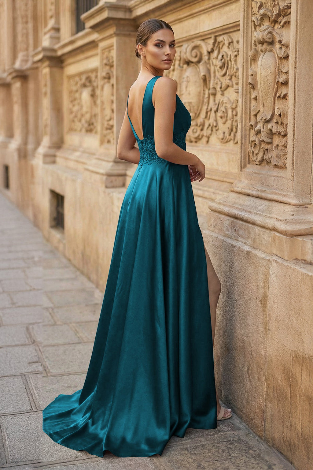 Burgundy V Neck Lace Long Wedding Guest Dress with High Slit - Curvevia