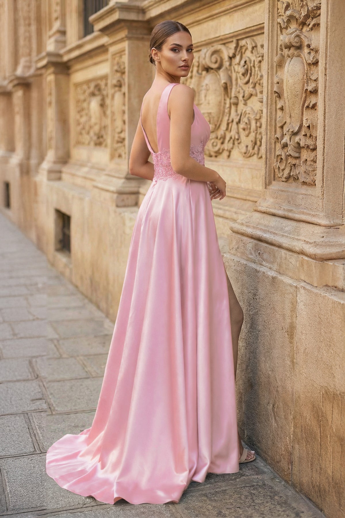 Burgundy V Neck Lace Long Wedding Guest Dress with High Slit - Curvevia