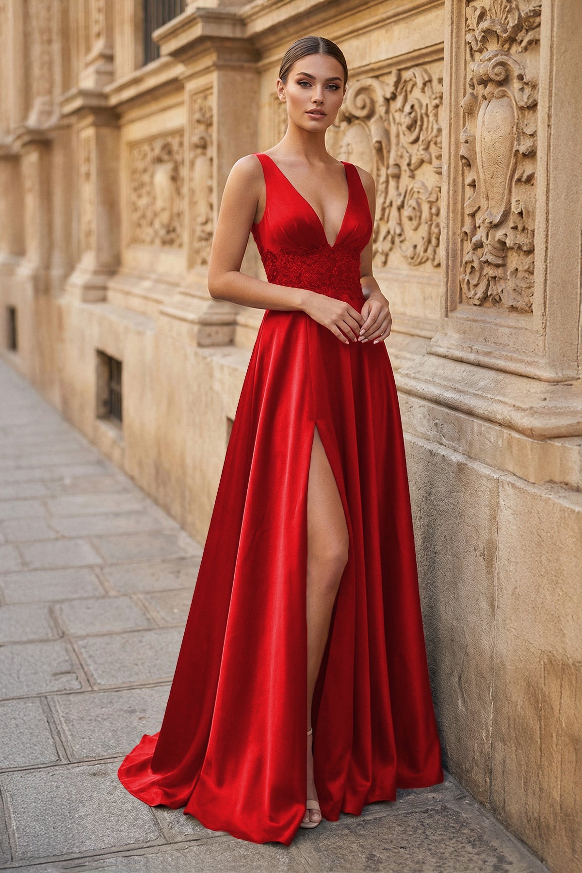 Burgundy V Neck Lace Long Wedding Guest Dress with High Slit - Curvevia