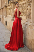 Burgundy V Neck Lace Long Wedding Guest Dress with High Slit - Curvevia