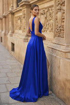 Burgundy V Neck Lace Long Wedding Guest Dress with High Slit - Curvevia