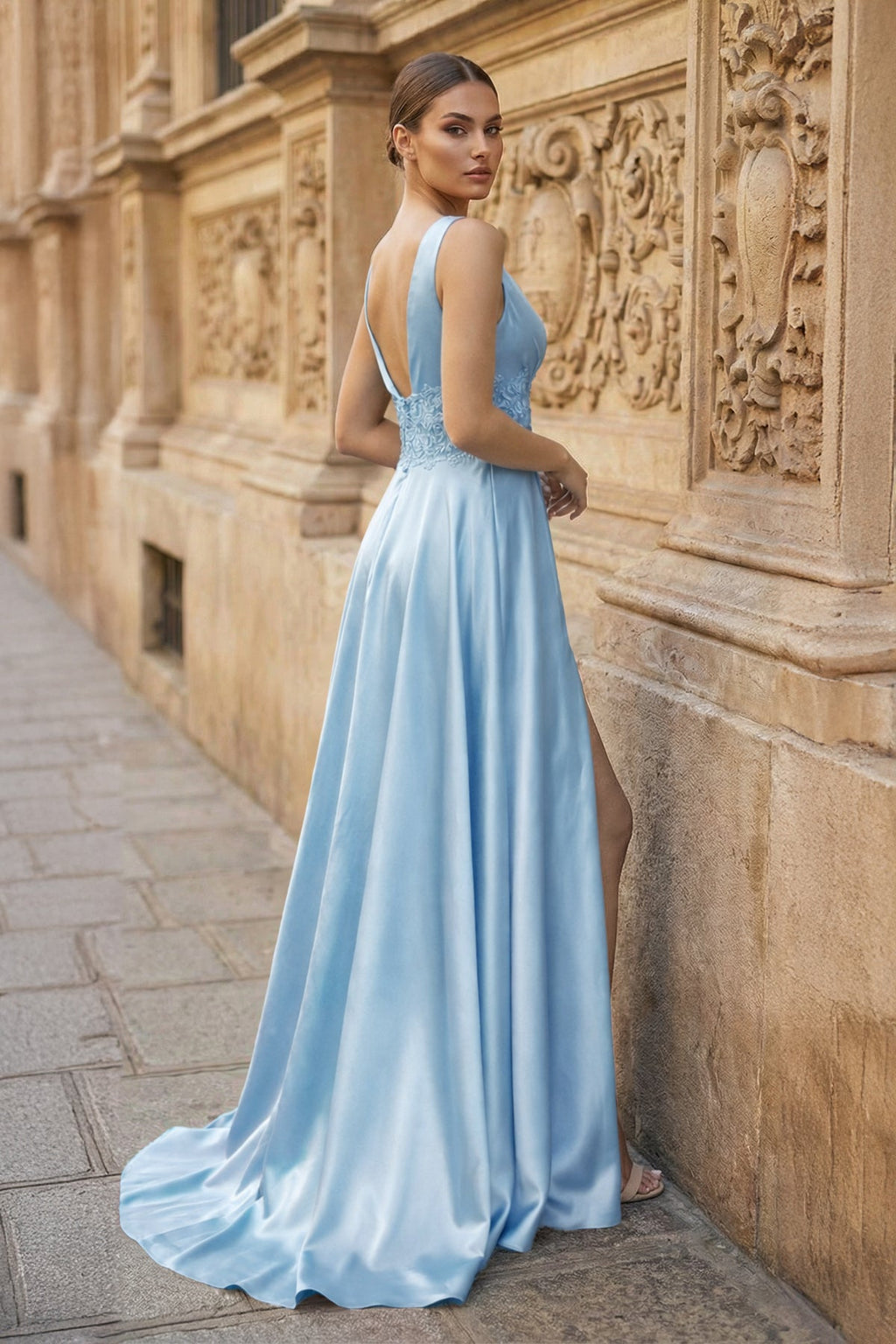 Burgundy V Neck Lace Long Wedding Guest Dress with High Slit - Curvevia