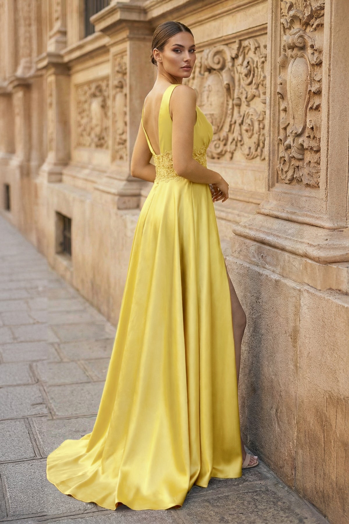 Burgundy V Neck Lace Long Wedding Guest Dress with High Slit - Curvevia