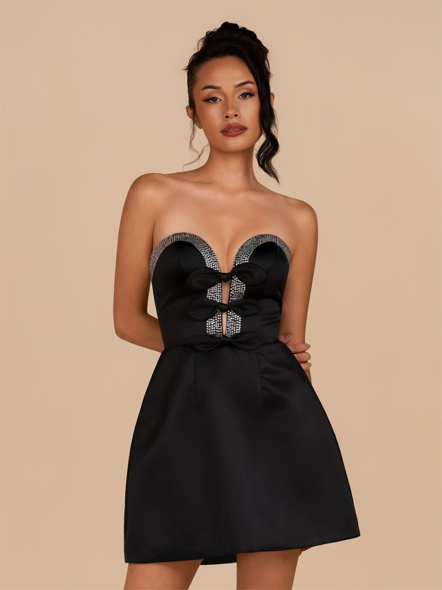 Black Strapless A-Line Beaded Satin Wedding Guest Dress With Bow - Curvevia