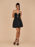 Black Strapless A-Line Beaded Satin Wedding Guest Dress With Bow - Curvevia