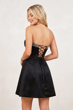 Black Strapless A-Line Beaded Satin Wedding Guest Dress With Bow - Curvevia