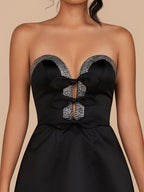 Black Strapless A-Line Beaded Satin Wedding Guest Dress With Bow - Curvevia