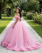 Off The Shoulder Flowers Tulle Ball Gown Pink Quinceanera Dresses - Curvevia