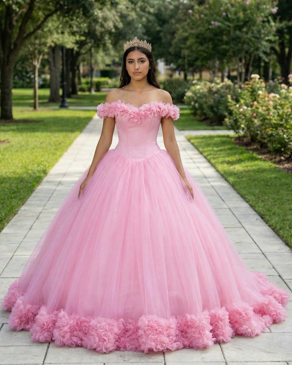 Off The Shoulder Flowers Tulle Ball Gown Pink Quinceanera Dresses - Curvevia