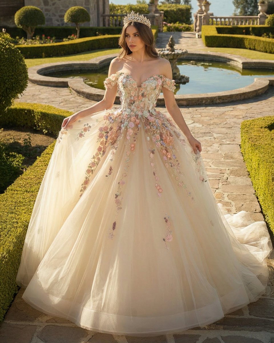 Off Shoulder Long Champagne Lace Champagne Quinceanera Dresses - Curvevia