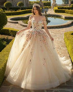 Off Shoulder Long Champagne Lace Champagne Quinceanera Dresses - Curvevia