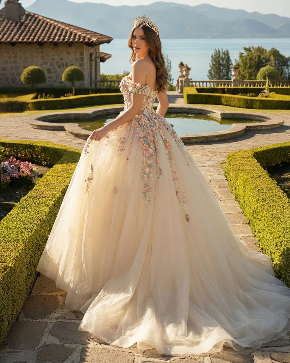 Off Shoulder Long Champagne Lace Champagne Quinceanera Dresses - Curvevia