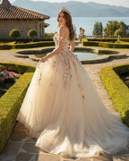 Off Shoulder Long Champagne Lace Champagne Quinceanera Dresses - Curvevia