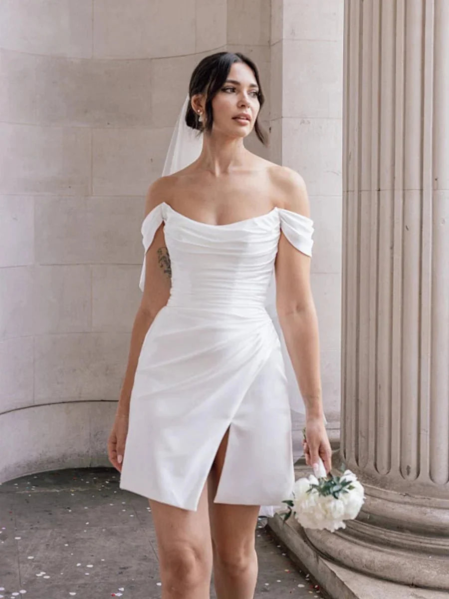 Off-the-Shoulder Short Satin Cowl Neck Simple Formal Wedding Dress With Slit - Curvevia