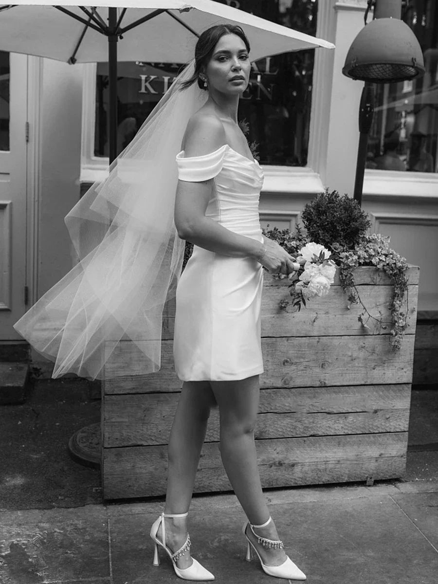 Off-the-Shoulder Short Satin Cowl Neck Simple Formal Wedding Dress With Slit - Curvevia