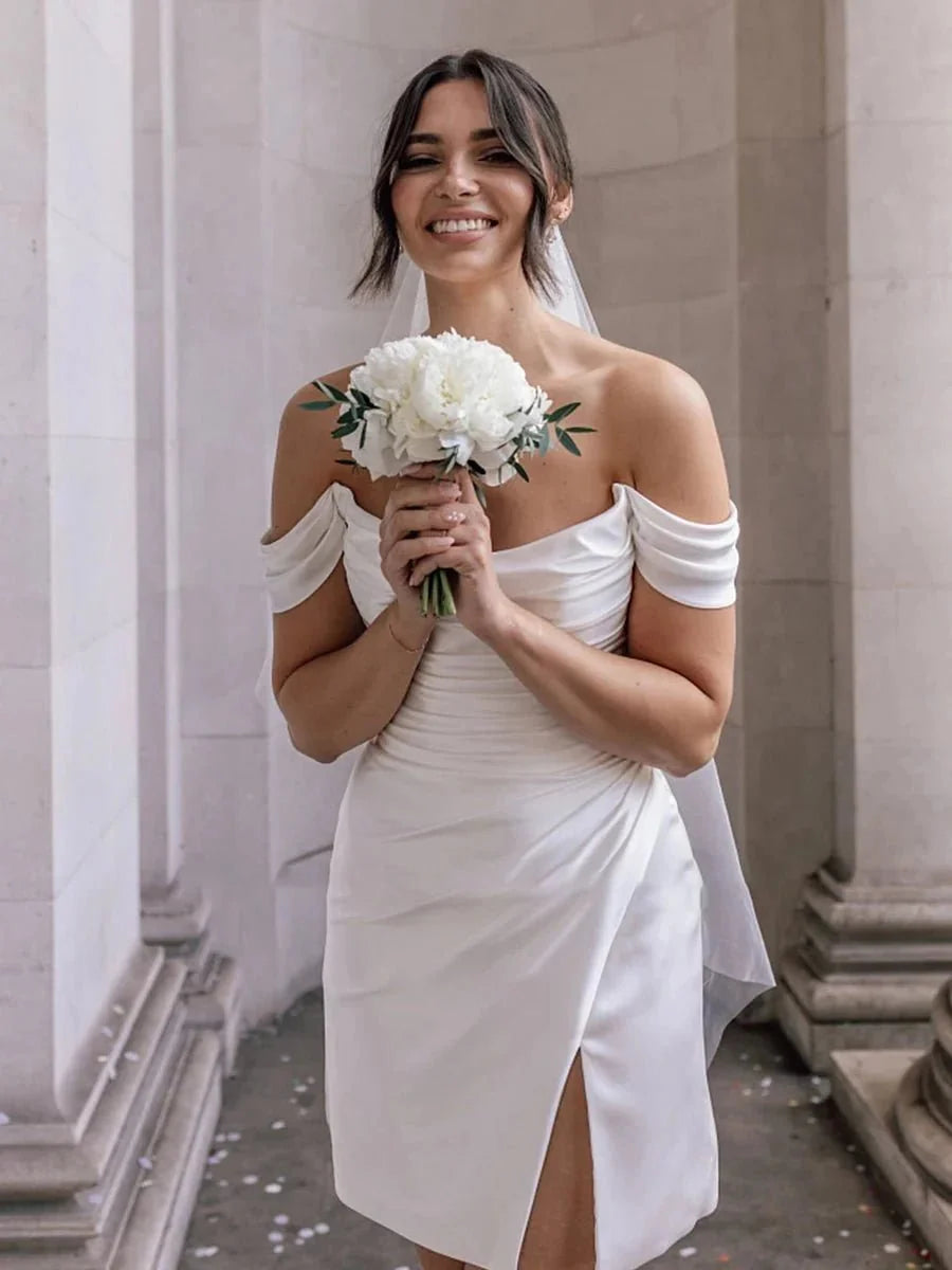 Off-the-Shoulder Short Satin Cowl Neck Simple Formal Wedding Dress With Slit - Curvevia