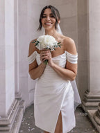 Off-the-Shoulder Short Satin Cowl Neck Simple Formal Wedding Dress With Slit - Curvevia