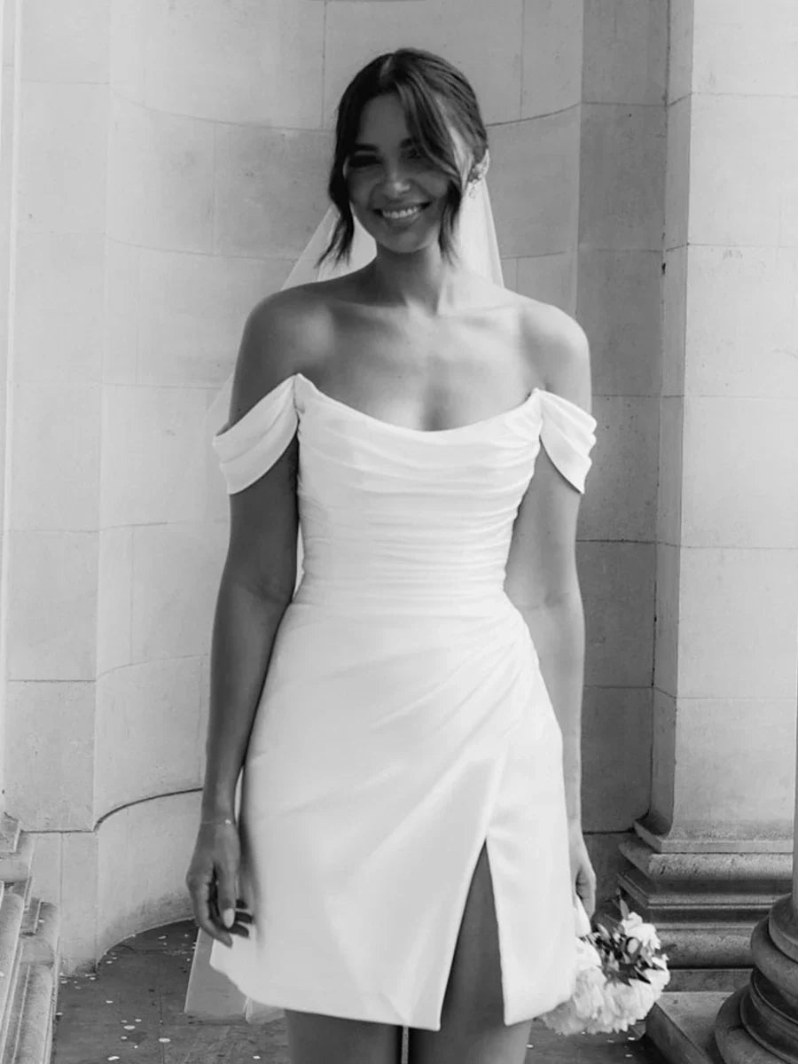 Off-the-Shoulder Short Satin Cowl Neck Simple Formal Wedding Dress With Slit - Curvevia