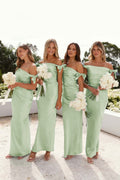 Off-Shoulder Sheath Pleated Satin Sky Blue Long Bridesmaid Dress - Curvevia