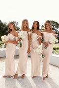 Off-Shoulder Sheath Pleated Satin Sky Blue Long Bridesmaid Dress - Curvevia