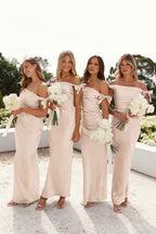 Off-Shoulder Sheath Pleated Satin Sky Blue Long Bridesmaid Dress - Curvevia