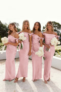 Off-Shoulder Sheath Pleated Satin Sky Blue Long Bridesmaid Dress - Curvevia