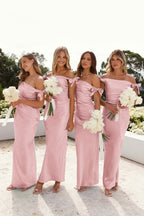 Off-Shoulder Sheath Pleated Satin Sky Blue Long Bridesmaid Dress - Curvevia