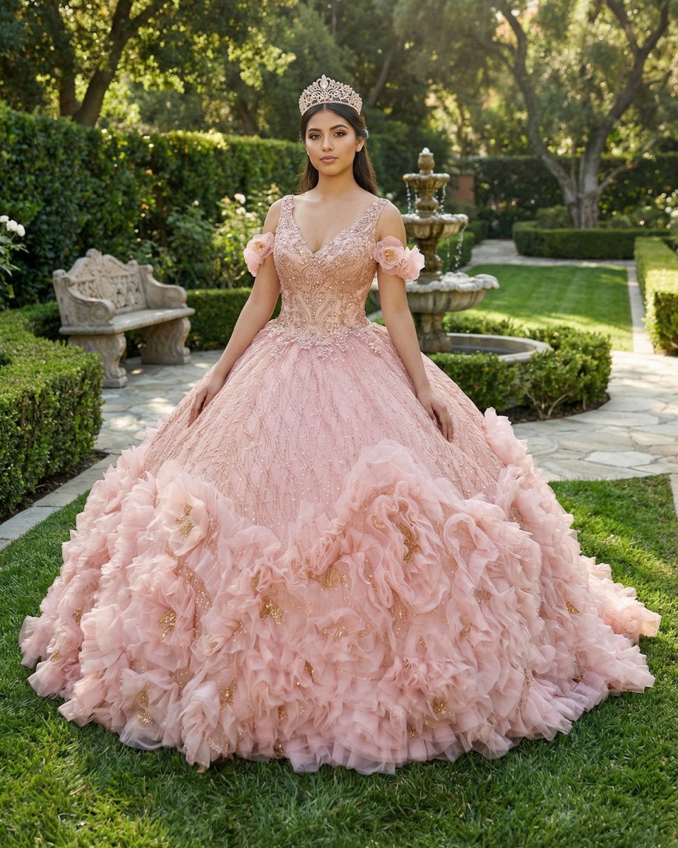 Blush Pink V Neckline Tulle Flower Quinceanera Dresses - Curvevia