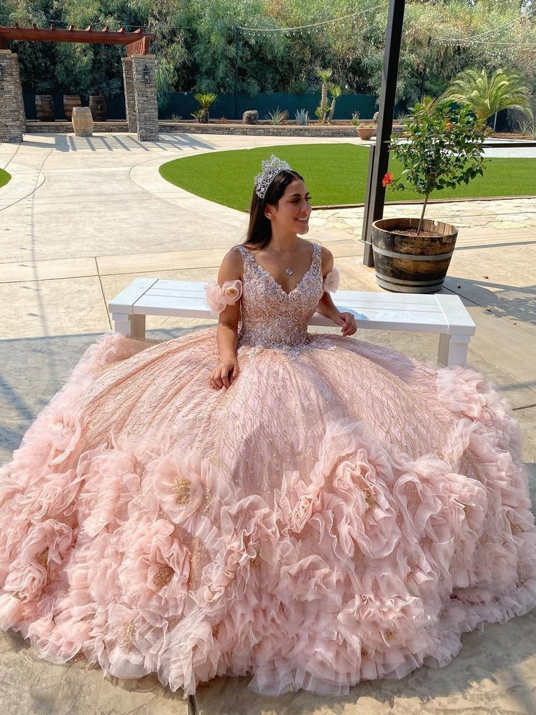 Blush Pink V Neckline Tulle Flower Quinceanera Dresses - Curvevia