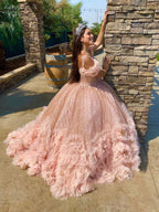 Blush Pink V Neckline Tulle Flower Quinceanera Dresses - Curvevia