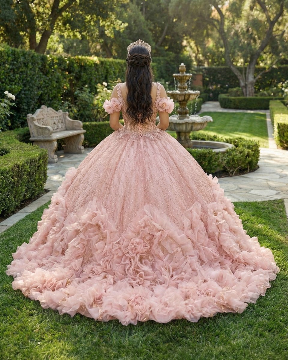 Blush Pink V Neckline Tulle Flower Quinceanera Dresses - Curvevia