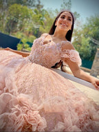 Blush Pink V Neckline Tulle Flower Quinceanera Dresses - Curvevia