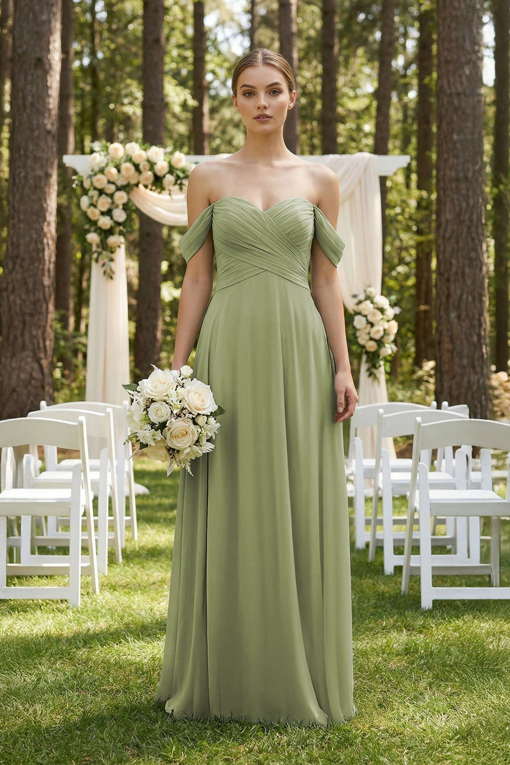 A-Line Off-the-Shoulder Chiffon Mother of the Bride Dress in Moss Green - Curvevia