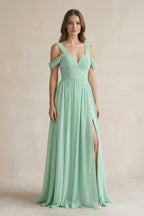 Off-the-Shoulder A-Line Chiffon Bridesmaid Dress With Slit in Pale Pistachio - Curvevia