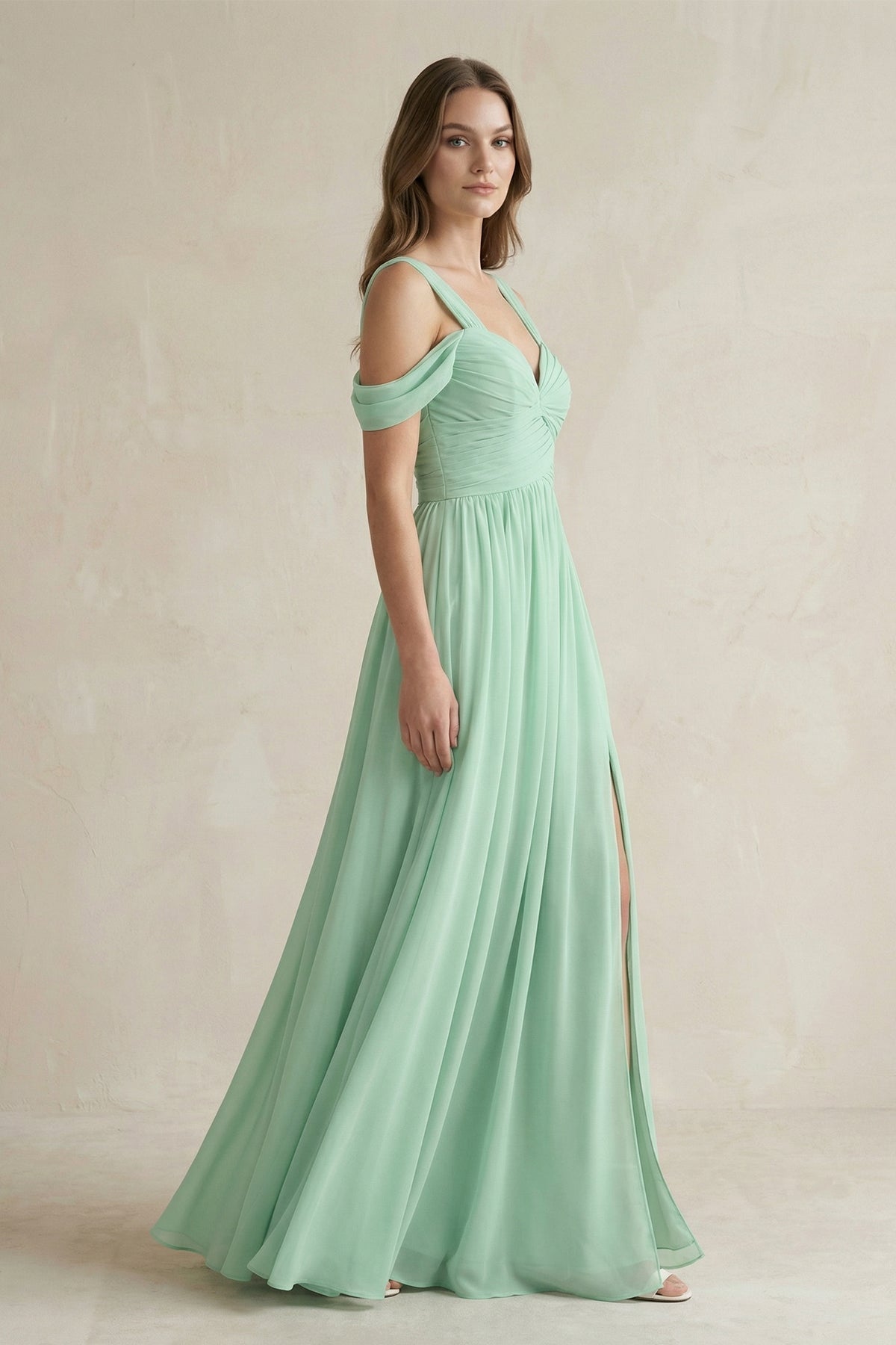 Off-the-Shoulder A-Line Chiffon Bridesmaid Dress With Slit in Pale Pistachio - Curvevia