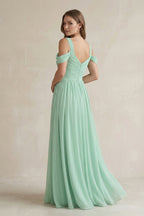 Off-the-Shoulder A-Line Chiffon Bridesmaid Dress With Slit in Pale Pistachio - Curvevia