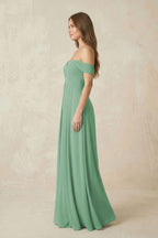 Off-the-Shoulder A-Line Chiffon Pleated Mother of the Bride Dress in Sea Glass - Curvevia