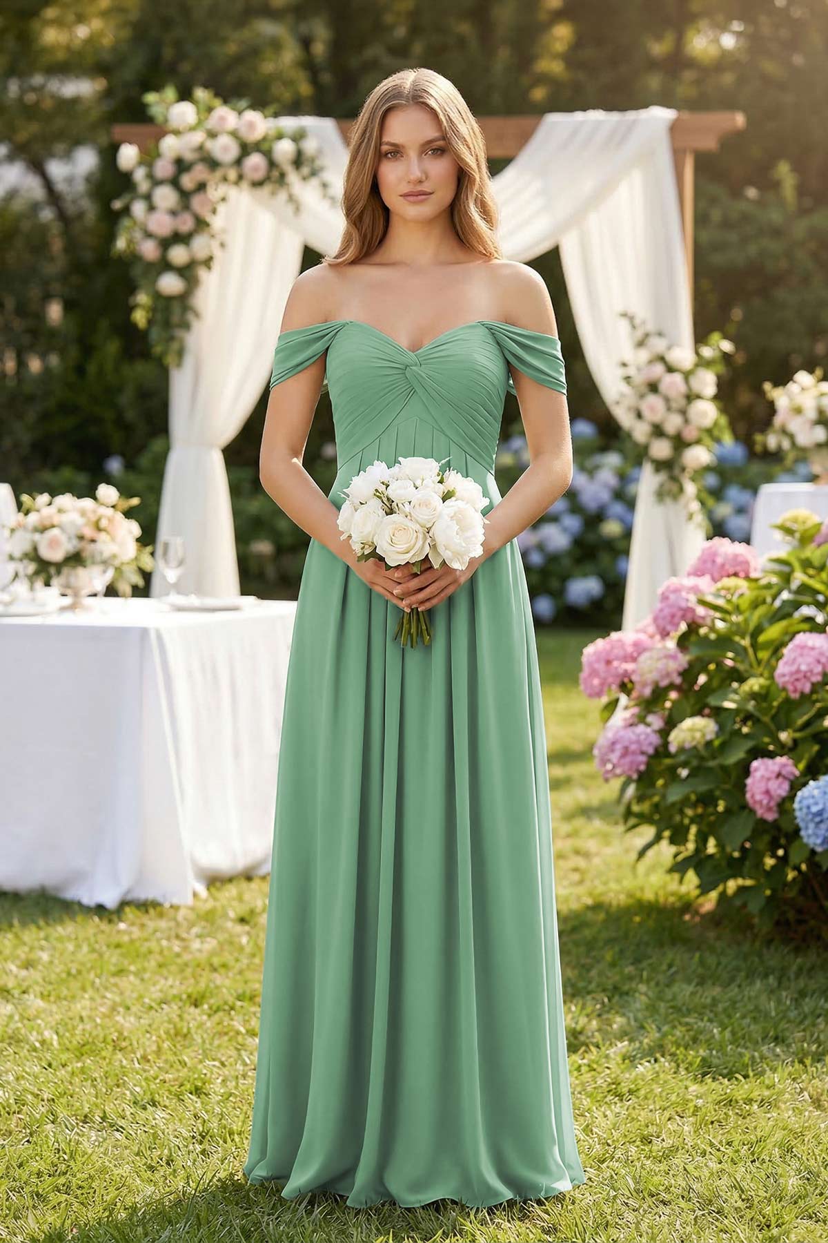 Off-the-Shoulder A-Line Chiffon Pleated Mother of the Bride Dress in Sea Glass - Curvevia