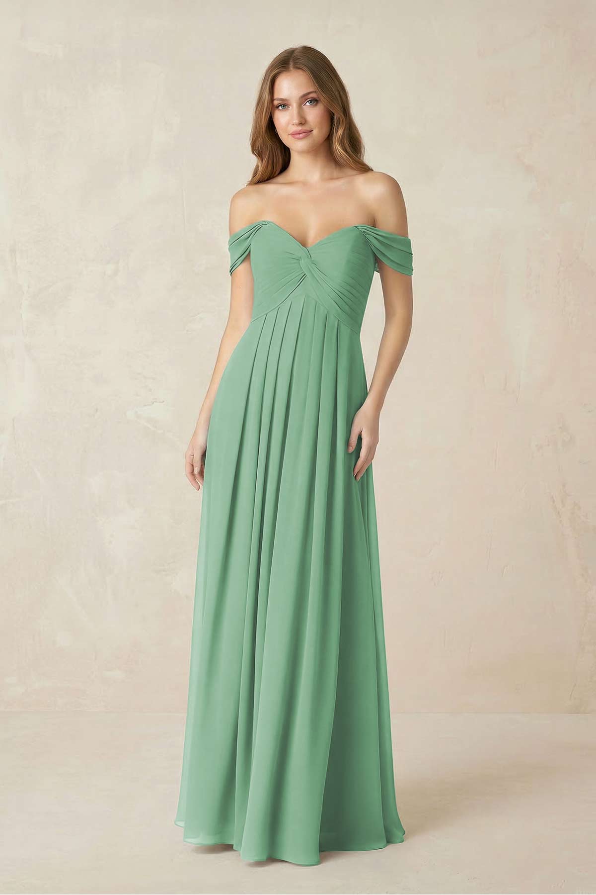 Off-the-Shoulder A-Line Chiffon Pleated Mother of the Bride Dress in Sea Glass - Curvevia