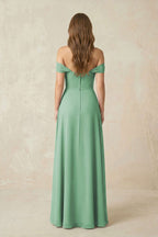 Off-the-Shoulder A-Line Chiffon Pleated Mother of the Bride Dress in Sea Glass - Curvevia