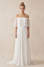 Off-The-Shoulder Lace Jersey Dress With Embroideries Ruffles - Curvevia
