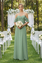 Off-the-Shoulder A-Line Chiffon Ruched Bridesmaid Dress in Sea Glass - Curvevia