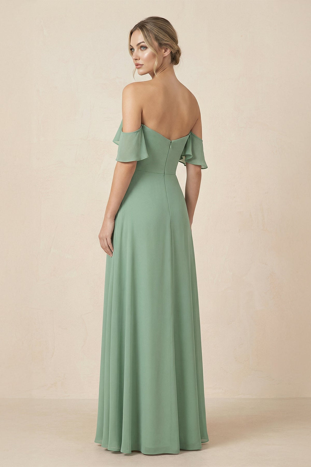 Off-the-Shoulder A-Line Chiffon Ruched Bridesmaid Dress in Sea Glass - Curvevia