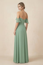 Off-the-Shoulder A-Line Chiffon Ruched Bridesmaid Dress in Sea Glass - Curvevia