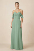 Off-the-Shoulder A-Line Chiffon Ruched Bridesmaid Dress in Sea Glass - Curvevia