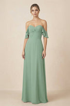 Off-the-Shoulder A-Line Chiffon Ruched Bridesmaid Dress in Sea Glass - Curvevia