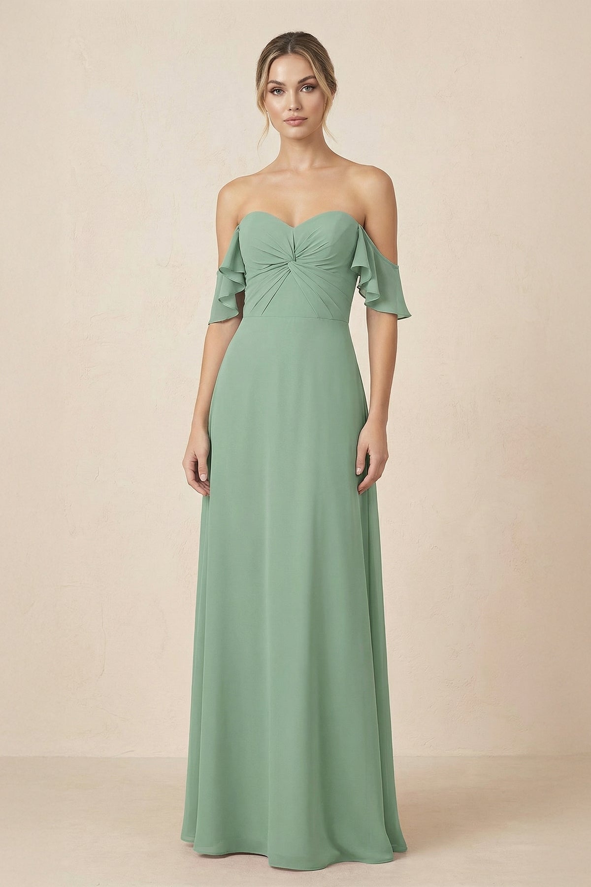 Off-the-Shoulder A-Line Chiffon Ruched Bridesmaid Dress in Sea Glass - Curvevia