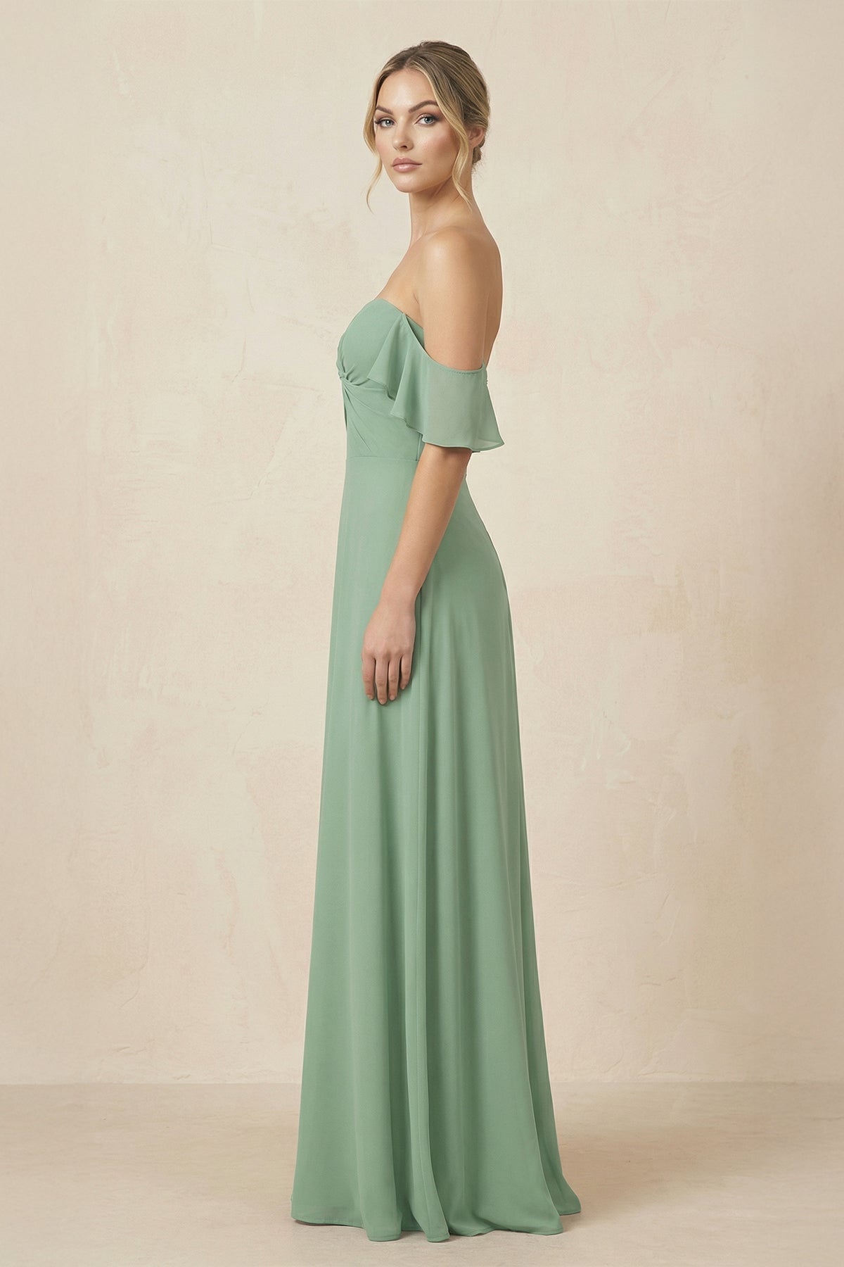 Off-the-Shoulder A-Line Chiffon Ruched Bridesmaid Dress in Sea Glass - Curvevia
