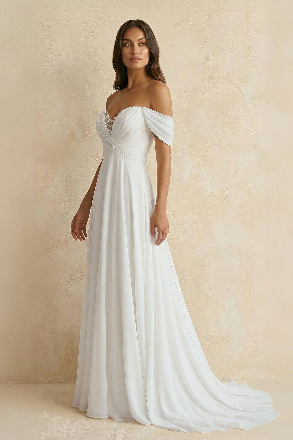 A-Line Chiffon Sleeveless Off-the-Shoulder Wedding Dress with Ruching Floor Length - Curvevia